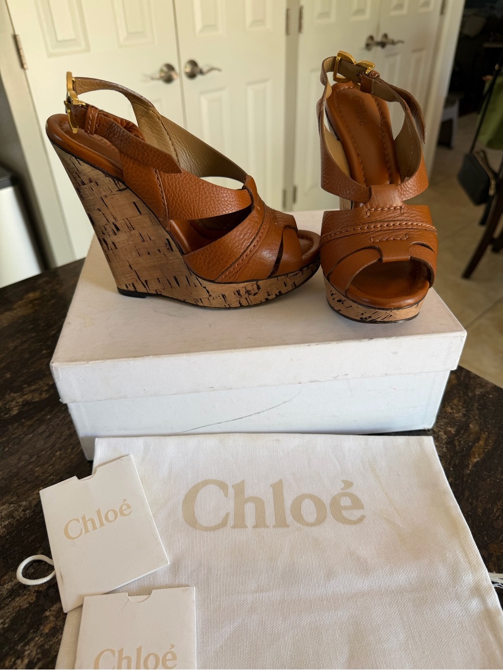 Chloé Tan Leather Cork Wedge Sandals - Picture 4 of 9